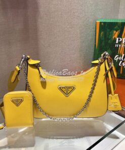 Replica Prada Re-edition 2005 Saffiano Leather Bag 1BH204 Yellow Silve 2