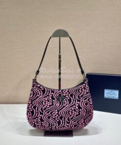 Replica Prada Cleo Jacquard Knit And Leather Bag 1BC499 Black Pink 2