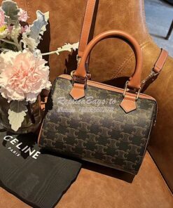 Replica Celine Small Boston In Triomphe Canvas And Calfskin Tan 197582