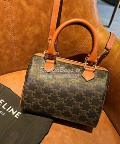 Replica Celine Small Boston In Triomphe Canvas And Calfskin Tan 197582 2