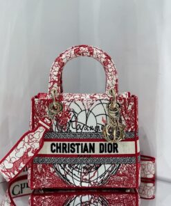 Replica Dior Medium Lady D-Lite Bag Red and White D-Royaume d'Amour Em