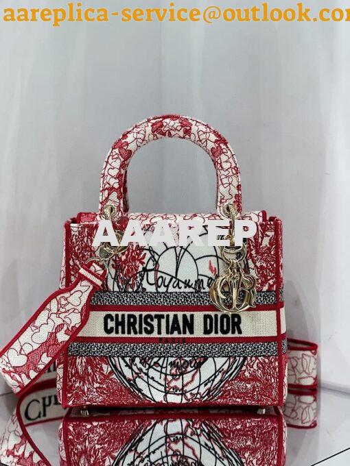 Replica Dior Medium Lady D-Lite Bag Red and White D-Royaume d'Amour Em