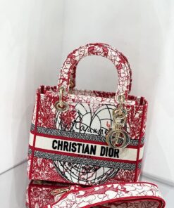 Replica Dior Medium Lady D-Lite Bag Red and White D-Royaume d'Amour Em 2