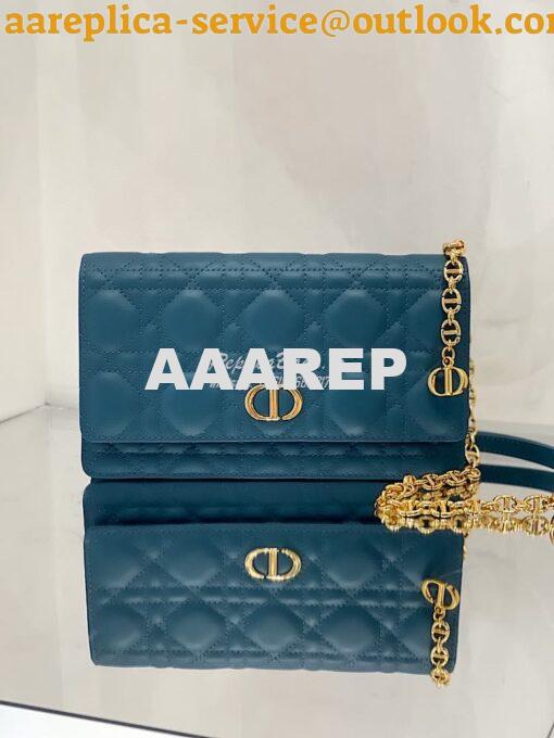 Replica Dior Caro Belt Pouch With Chain in Steel Blue Supple Cannage C