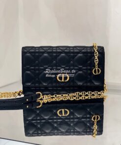 Replica Dior Caro Belt Pouch With Chain in Black Supple Cannage Calfsk