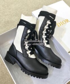 Replica Dior DiorLand Lace-up Boot Black Calfskin and White Cotton KCI