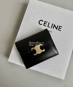 Replica CELINE SMALL WALLET TRIOMPHE IN SHINY SMOOTH LAMBSKIN BLACK 2