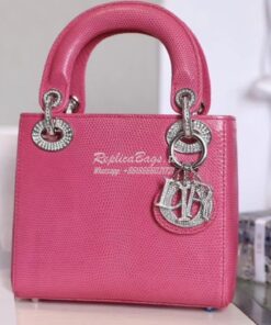 Replica Dior Lizard Leather Mini Lady Dior Bag with Crystals in Pink 2