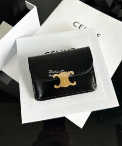 Replica CELINE CARD HOLDER WITH FLAP TRIOMPHE IN SHINY CALFSKIN BLACK