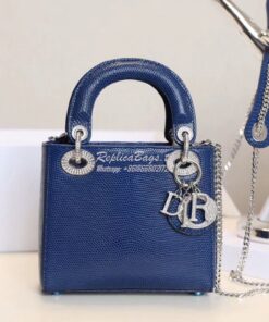 Replica Dior Lizard Leather Mini Lady Dior Bag with Crystals in Royal 2