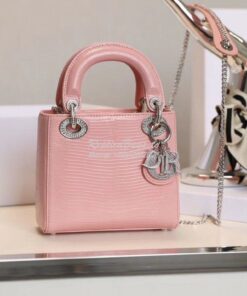 Replica Dior Lizard Leather Mini Lady Dior Bag with Crystals in Sakura