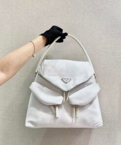 Replica Prada Signaux Nylon And Leather Hobo Bag 1BC160 White