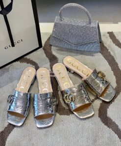 Replica Gucci Women's Slide With Double G 626742 Silver Metallic Lamin