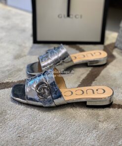 Replica Gucci Women's Slide With Double G 626742 Silver Metallic Lamin 2