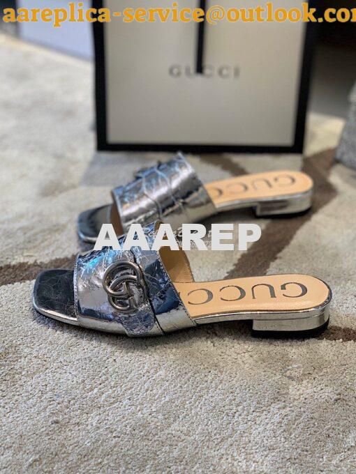 Replica Gucci Women's Slide With Double G 626742 Silver Metallic Lamin 2