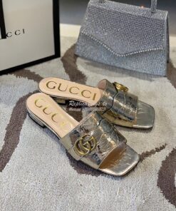 Replica Gucci Women's Slide With Double G 626742 Gold Metallic Laminat 2