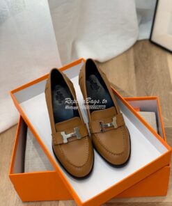 Replica Hermes Dauphine 70 Loafer High Heel in Goatskin H212091Z Brown