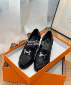 Replica Hermes Dauphine 70 Loafer High Heel in Goatskin H212091Z Black