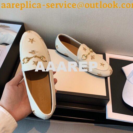 Replica Gucci Jordaan Embroidered Leather Horsebit Loafer 505281 White 6