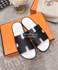 Replica Hermes Izmir Sandals in Epsom Calfskin H181403 Black Blanc