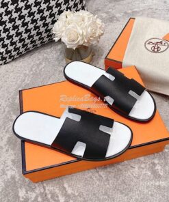 Replica Hermes Izmir Sandals in Epsom Calfskin H181403 Black Blanc 2