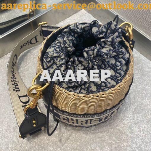 Replica Dior Wicker Bucket Bag Blue Oblique Jacquard and Natural Wicke 3