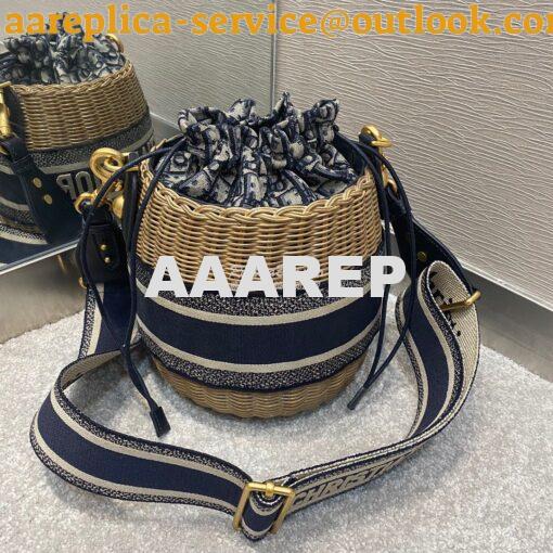 Replica Dior Wicker Bucket Bag Blue Oblique Jacquard and Natural Wicke 11