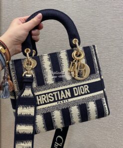 Replica Dior Medium Lady D-lite Bag Blue D-Stripes Embroidery