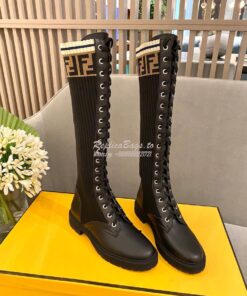 Replica Fendi Rockoko Black Leather Combat Boots With Stretch Fabric 8