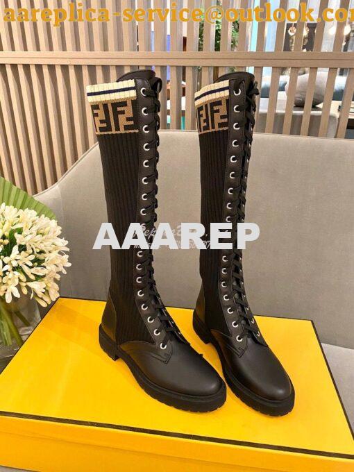 Replica Fendi Rockoko Black Leather Combat Boots With Stretch Fabric 8