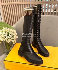 Replica Fendi Rockoko Black Leather Combat Boots With Stretch Fabric 8 2