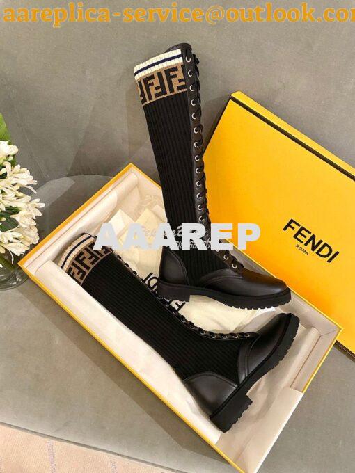 Replica Fendi Rockoko Black Leather Combat Boots With Stretch Fabric 8 5