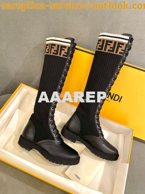 Replica Fendi Rockoko Black Leather Combat Boots With Stretch Fabric 8 6