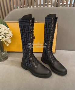 Replica Fendi Rockoko Black Leather Combat Boots With Stretch Fabric 8