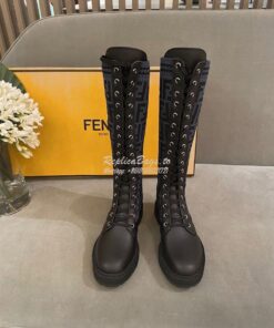 Replica Fendi Rockoko Black Leather Combat Boots With Stretch Fabric 8 2