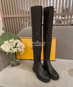 Replica Fendi Rockoko Black Leather Over-Knee Boots With Stretch Fabri 2