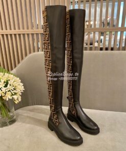 Replica Fendi Rockoko Black Leather Over-Knee Boots With Stretch Fabri