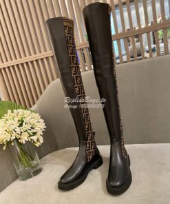 Replica Fendi Rockoko Black Leather Over-Knee Boots With Stretch Fabri 2