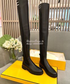 Replica Fendi Rockoko Black Leather Over-Knee Boots With Stretch Fabri