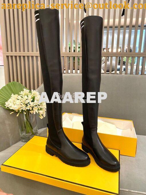 Replica Fendi Rockoko Black Leather Over-Knee Boots With Stretch Fabri