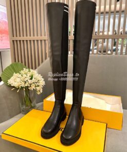 Replica Fendi Rockoko Black Leather Over-Knee Boots With Stretch Fabri 2