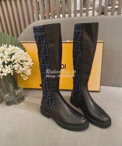 Replica Fendi Rockoko Black Leather Boots With Stretch Fabric 8W6789 F