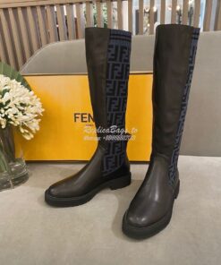 Replica Fendi Rockoko Black Leather Boots With Stretch Fabric 8W6789 F 2