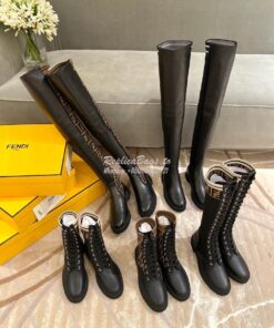 Replica Fendi Rockoko Black Leather Biker Boots With Stretch Fabric 8T