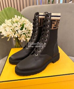 Replica Fendi Rockoko Black Leather Biker Boots With Stretch Fabric 8T 2