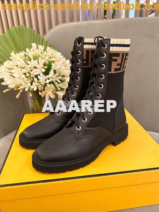 Replica Fendi Rockoko Black Leather Biker Boots With Stretch Fabric 8T 2