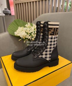 Replica Fendi Rockoko Black Leather Biker Boots With Stretch Fabric 8T