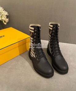 Replica Fendi Rockoko Black Leather Biker Boots With Stretch Fabric 8T 2