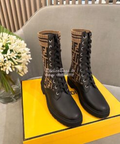 Replica Fendi Rockoko Black Leather Biker Boots With Stretch Fabric 8T 2