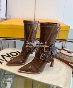 Replica Fendi Glossy Neoprene FFrame Harness Ankle Boots Heel Brown